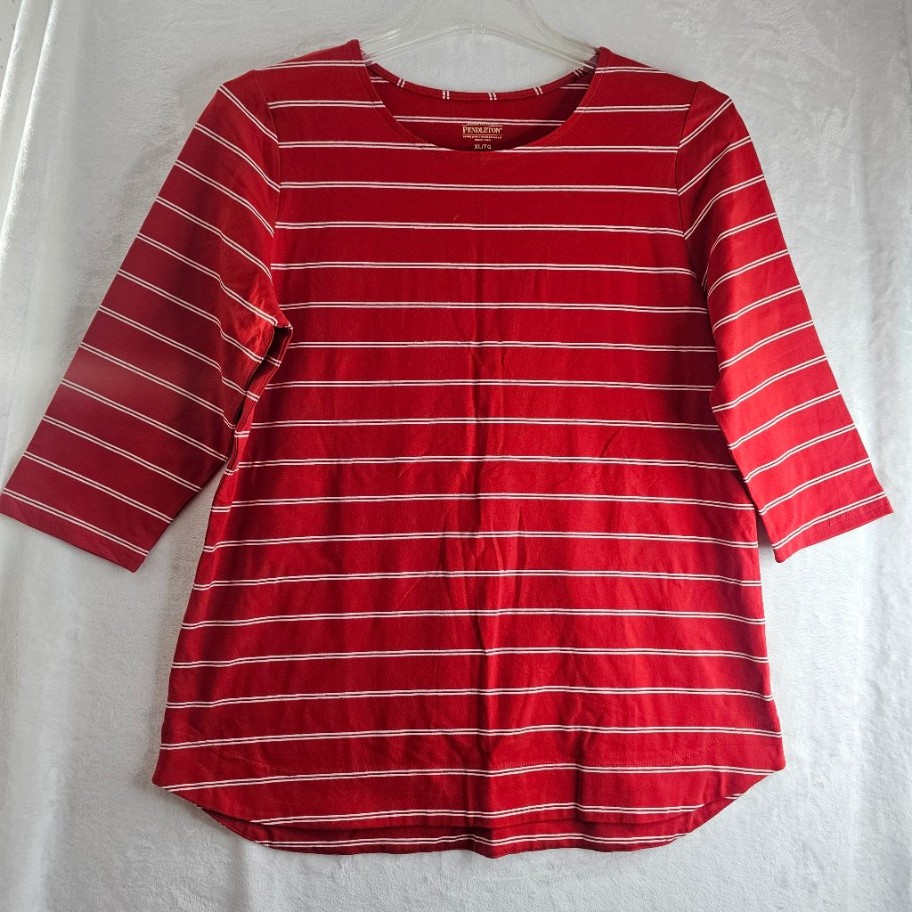 Pendleton Red White Striped 3/4 Sleeve Top Size Xl Scoop Neck Curved Hem Pullove